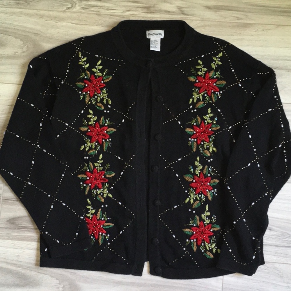 Bon Worth holiday cardigan poinsettia Ugly Christmas Sweater M